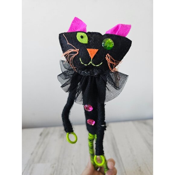 Bendable cat Halloween decor rhinestone ornament largeshabby chic green black un - Picture 2 of 7